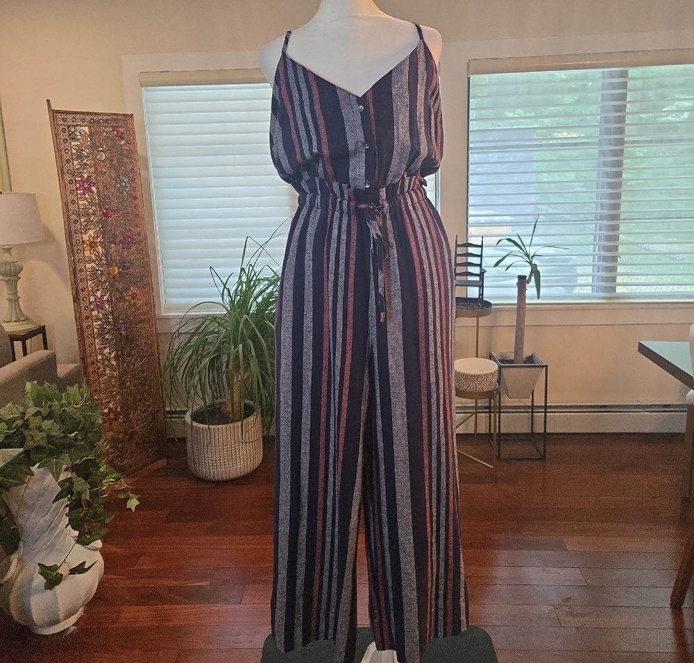 Splendid Linen Striped Spagetti Strap Jumpsuit Navy Blue Gray Size XS